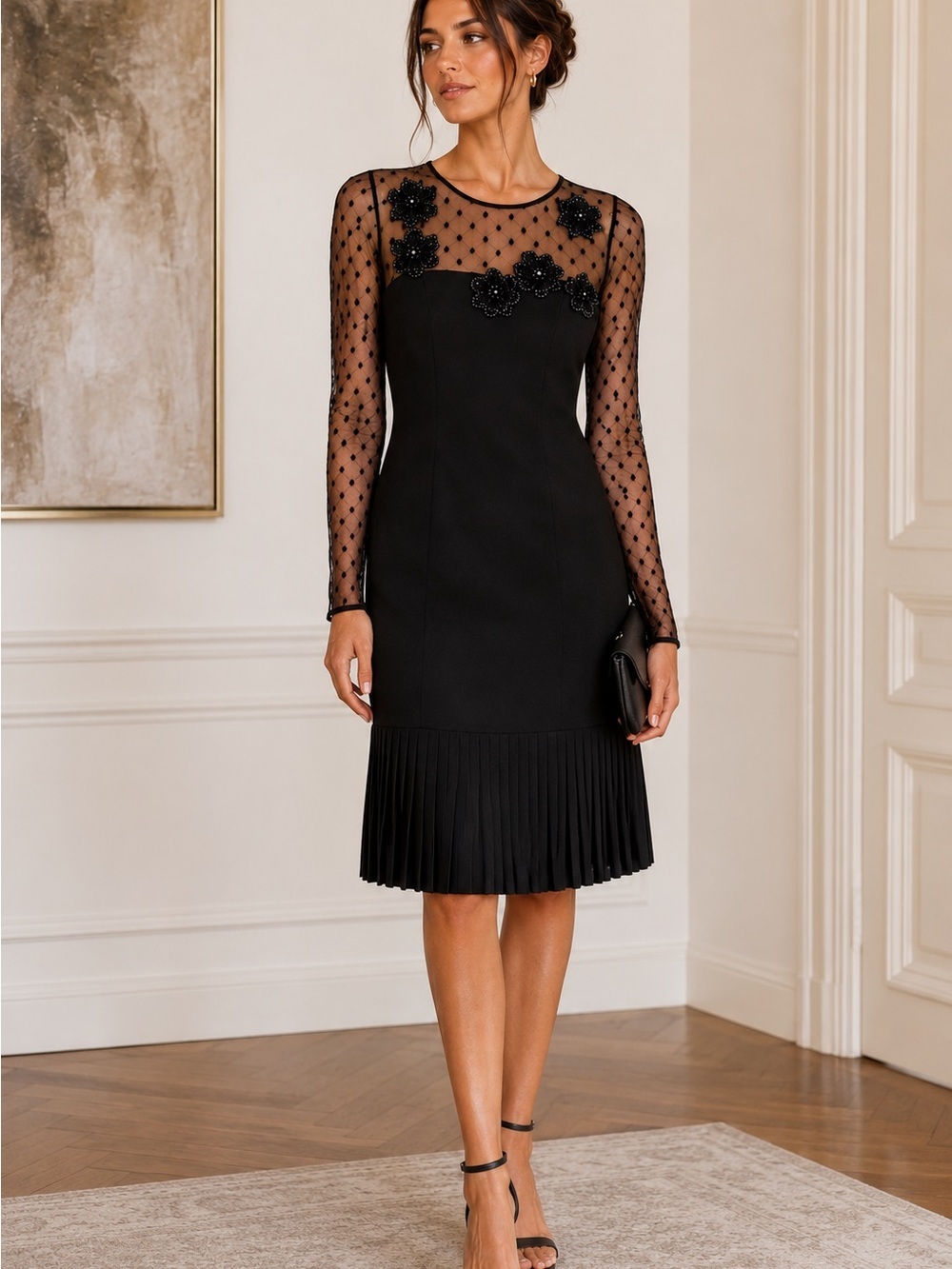 Vintage Bill Blass Black Cocktail Dress Sheer Polka Dot Beaded 4 Old Money